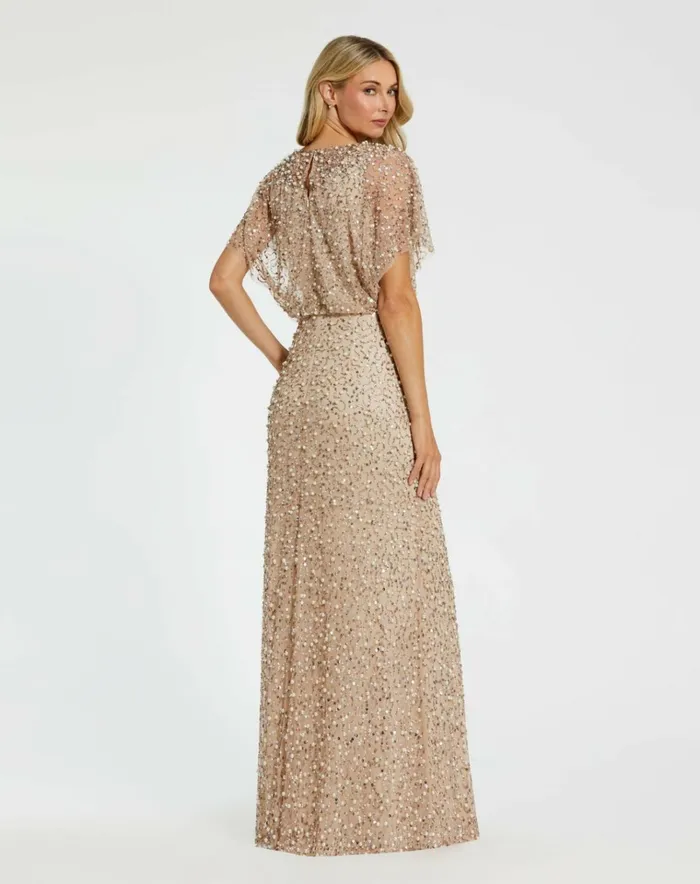 Women Best Sellers Mac Duggal Beaded Mesh Gown With Shawl Nude Gold