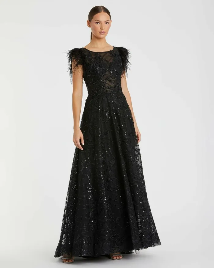 Women Best Sellers Mac Duggal Embellished Feather Cap Sleeve Bateau A Line Gown Black