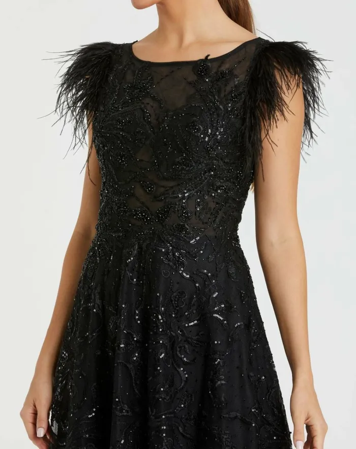 Women Best Sellers Mac Duggal Embellished Feather Cap Sleeve Bateau A Line Gown Black