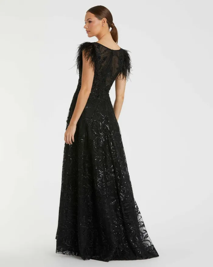 Women Best Sellers Mac Duggal Embellished Feather Cap Sleeve Bateau A Line Gown Black