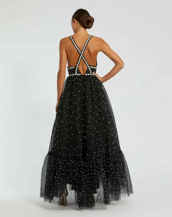 Women Best Sellers Mac Duggal Pearl Beaded High Low Gown Black Ivory