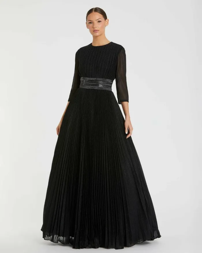 Women Best Sellers Mac Duggal Shimmering Pleated ALine 34 Sleeve Gown Black
