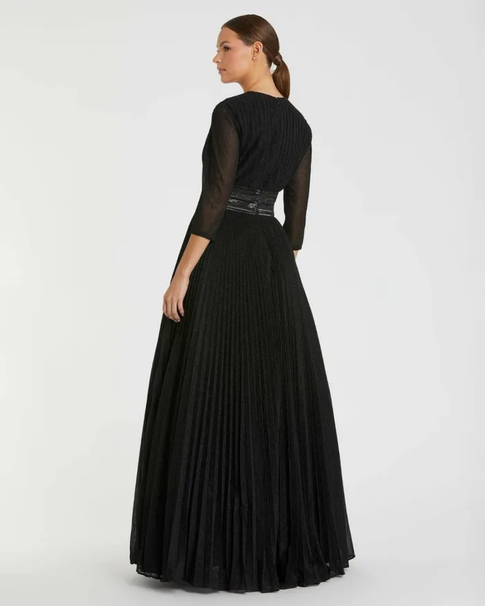 Women Best Sellers Mac Duggal Shimmering Pleated ALine 34 Sleeve Gown Black