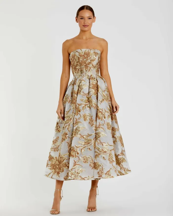 Women Best Sellers Mac Duggal Strapless Brocade Midi Dress With Pockets Bronze
