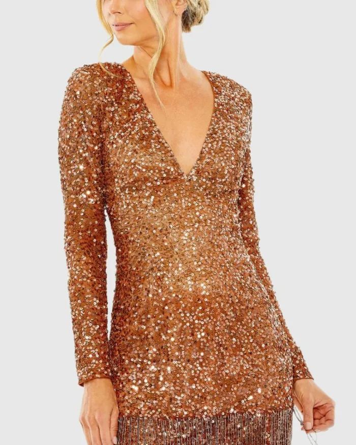 Women Best Sellers Mac Duggal V Neck Long Sleeve Sequin Dress With Fringe Detail Copper