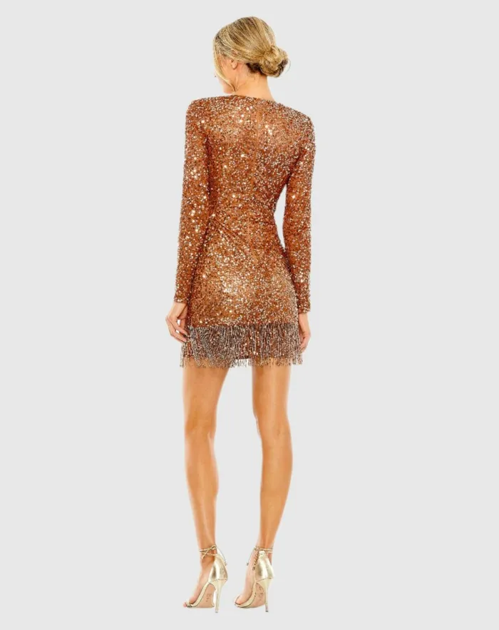 Women Best Sellers Mac Duggal V Neck Long Sleeve Sequin Dress With Fringe Detail Copper