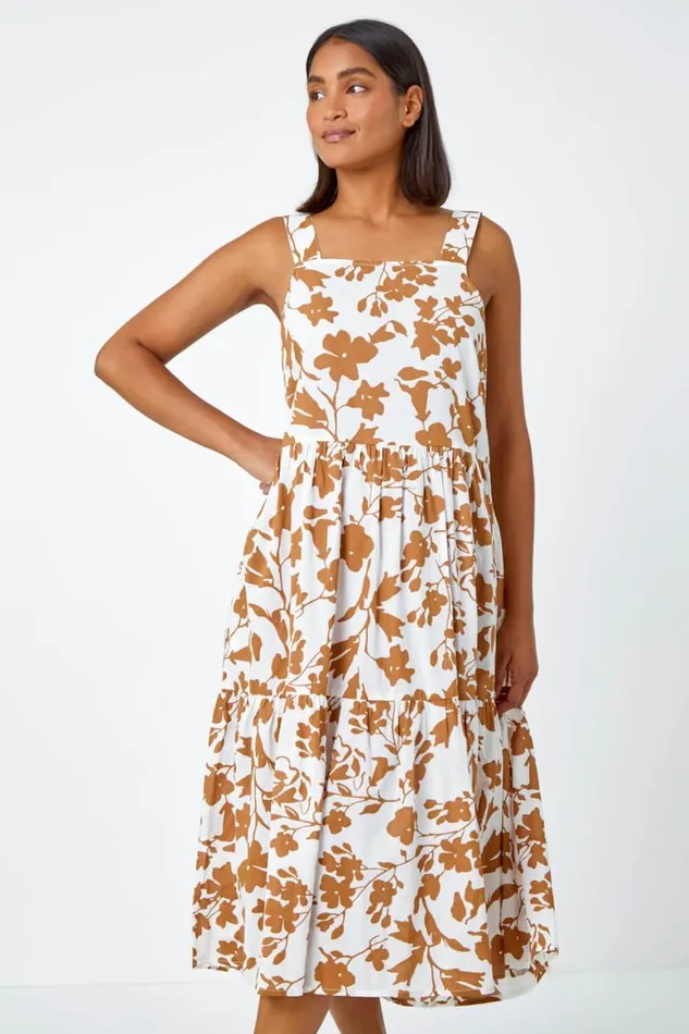 Women Biscuit Sleeveless Cotton Floral Midi Dress Roman Dresses