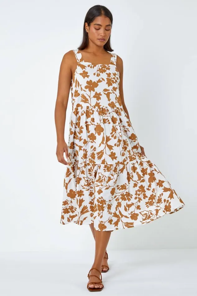 Women Biscuit Sleeveless Cotton Floral Midi Dress Roman Dresses