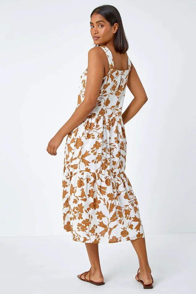 Women Biscuit Sleeveless Cotton Floral Midi Dress Roman Dresses
