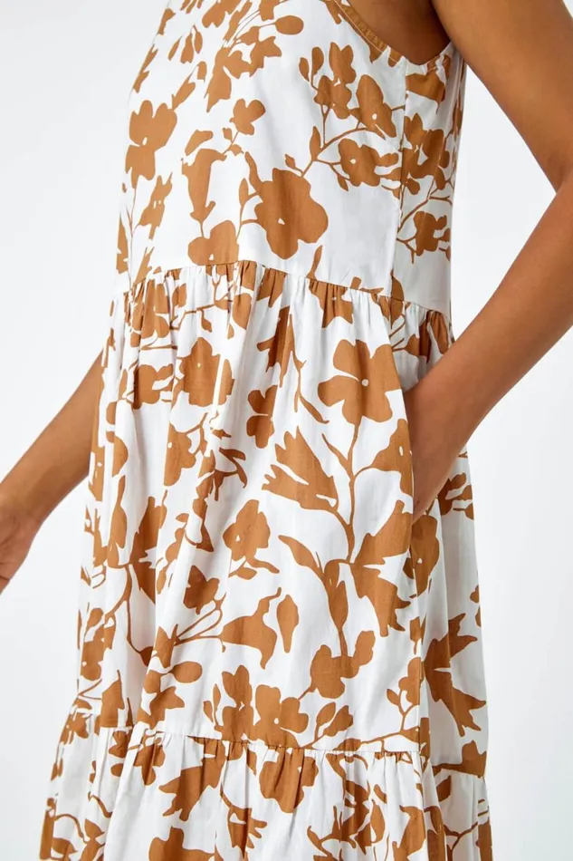 Women Biscuit Sleeveless Cotton Floral Midi Dress Roman Dresses