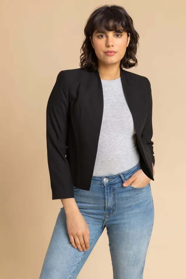 Women Black 34 Sleeve Cropped High Collar Crepe Jacket Roman Jackets