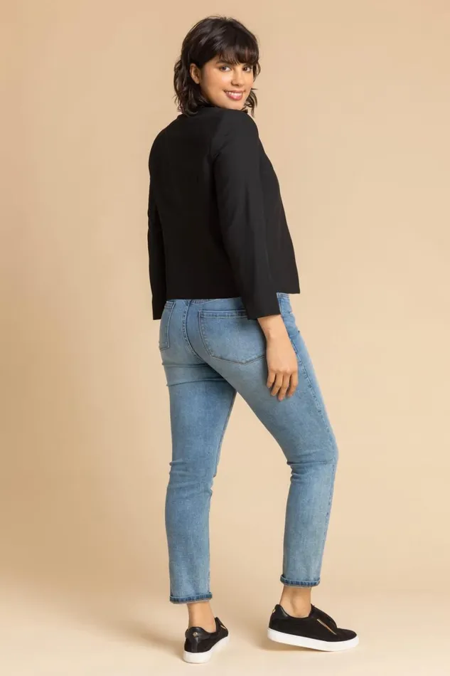 Women Black 34 Sleeve Cropped High Collar Crepe Jacket Roman Jackets