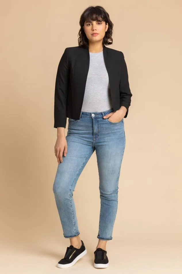Women Black 34 Sleeve Cropped High Collar Crepe Jacket Roman Jackets