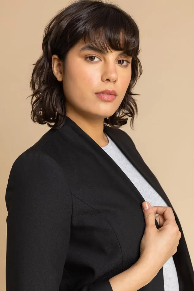 Women Black 34 Sleeve Cropped High Collar Crepe Jacket Roman Jackets
