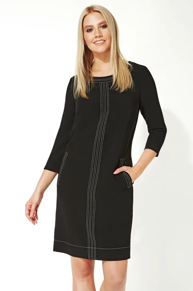 Women Black 34 Sleeve Top Stitch Shift Dress Roman Dresses