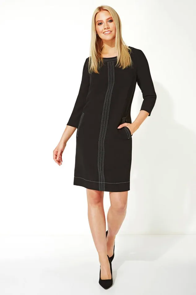 Women Black 34 Sleeve Top Stitch Shift Dress Roman Dresses