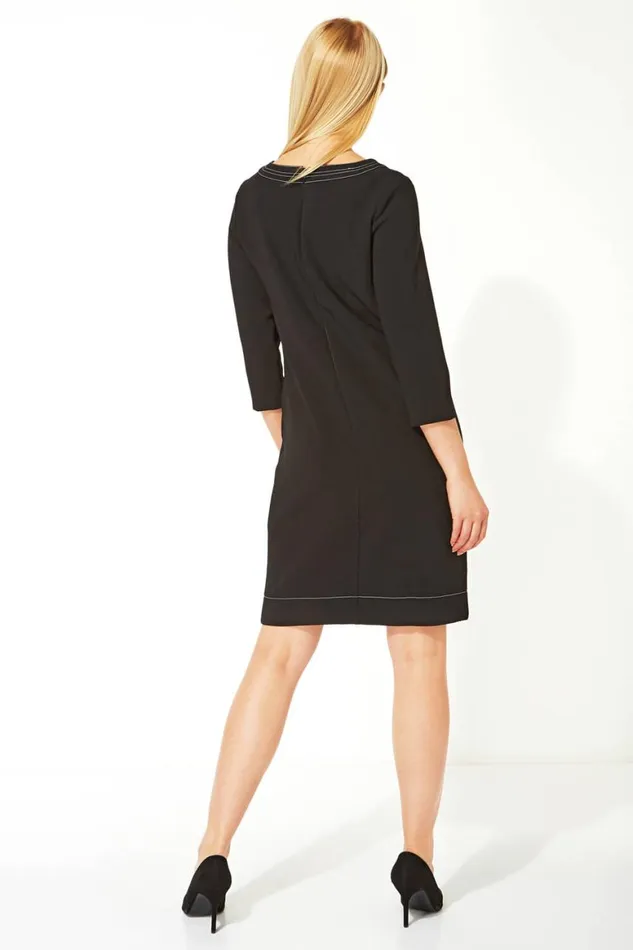 Women Black 34 Sleeve Top Stitch Shift Dress Roman Dresses