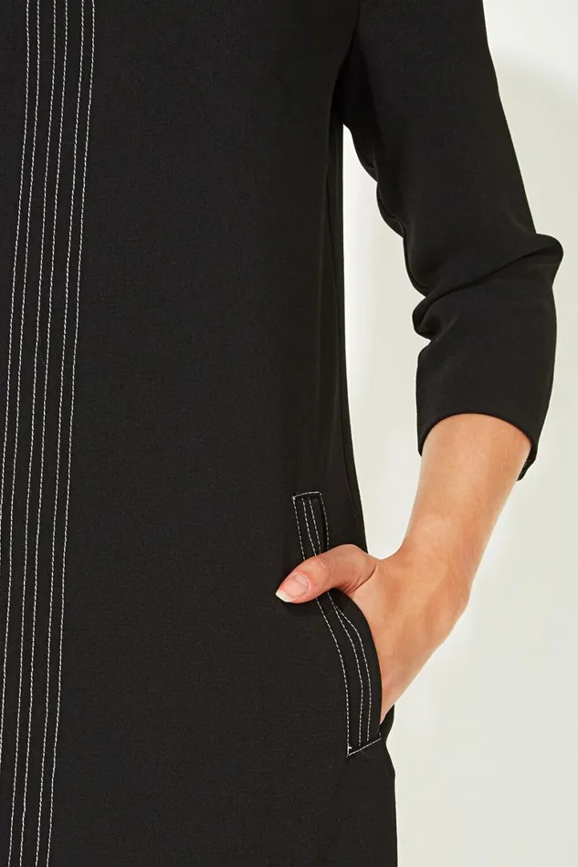 Women Black 34 Sleeve Top Stitch Shift Dress Roman Dresses