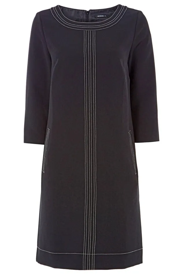 Women Black 34 Sleeve Top Stitch Shift Dress Roman Dresses