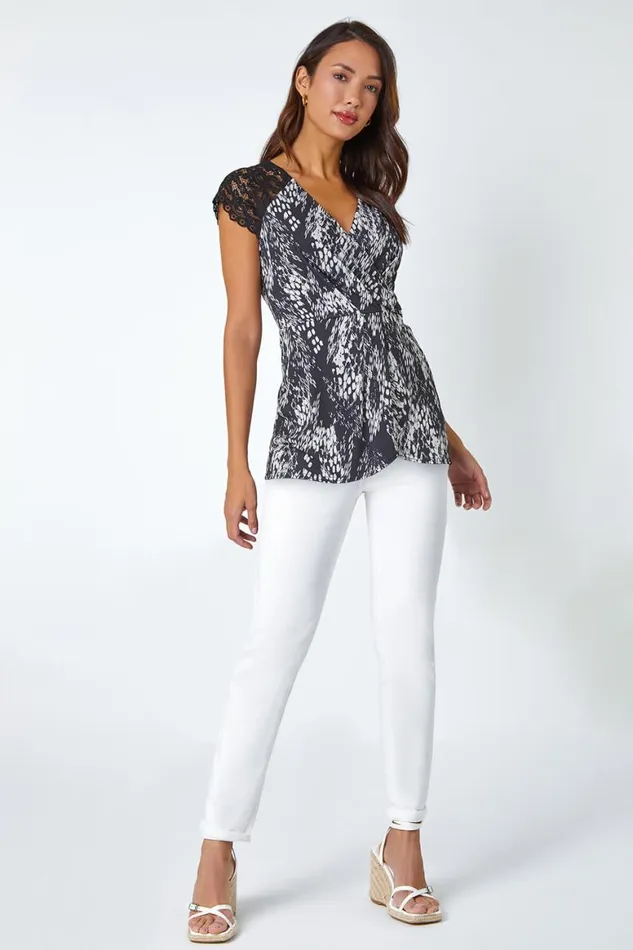 Women Black Abstract Lace Trim VNeck Stretch Wrap Top Roman Tops