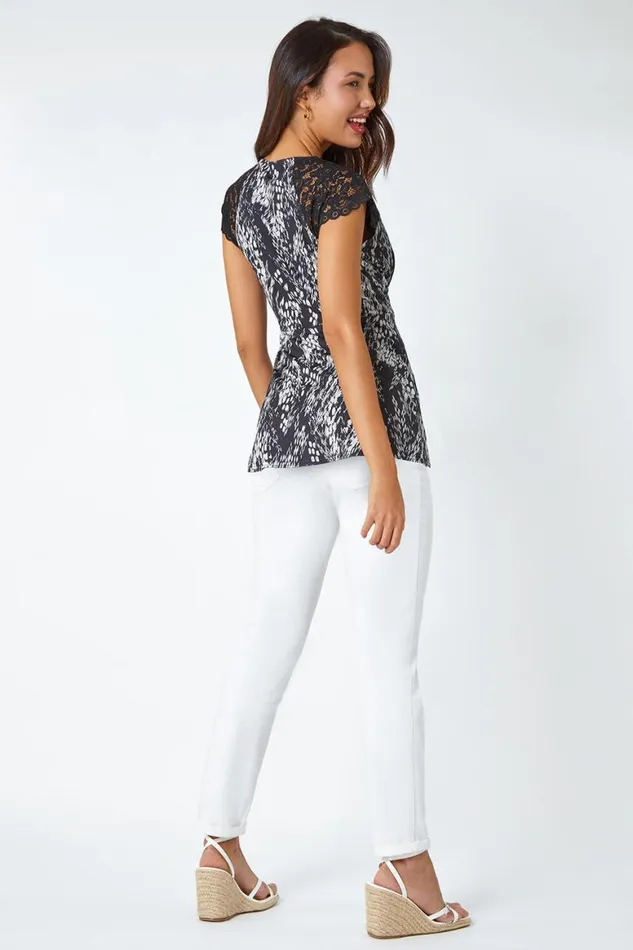 Women Black Abstract Lace Trim VNeck Stretch Wrap Top Roman Tops