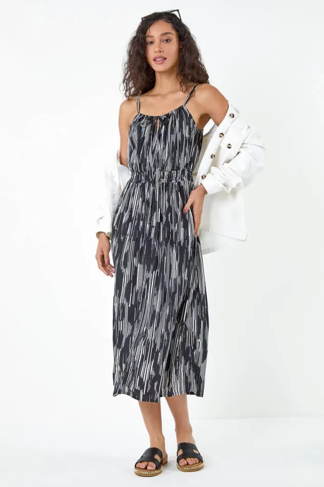Women Black Abstract Print Shirred Midi Dress Roman Dresses
