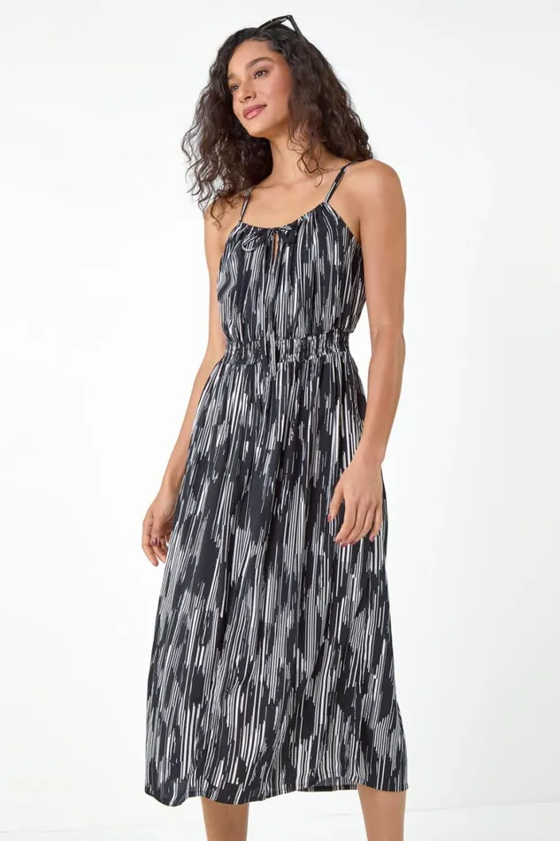 Women Black Abstract Print Shirred Midi Dress Roman Dresses