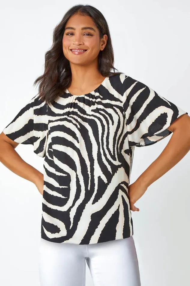 Women Black Animal Print Pleat Detail Top Roman Tops
