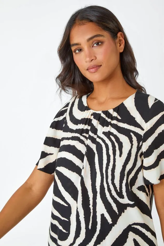Women Black Animal Print Pleat Detail Top Roman Tops