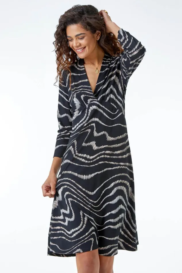 Women Black Animal Print Stretch Dress Roman Dresses