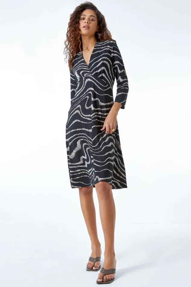 Women Black Animal Print Stretch Dress Roman Dresses