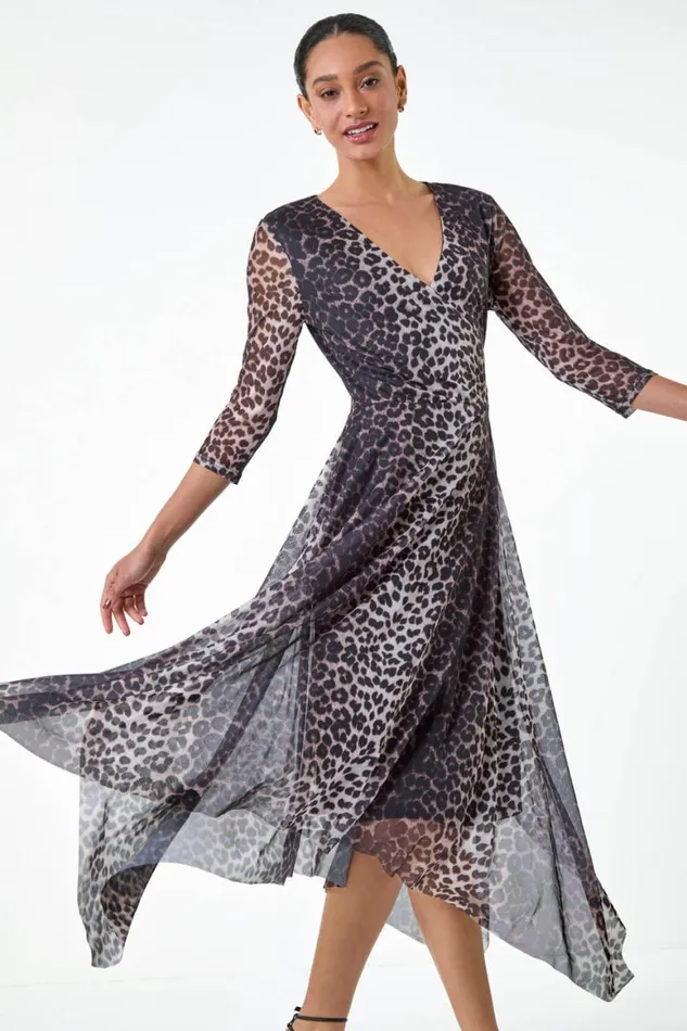 Women Black Animal Stretch Mesh Hanky Hem Wrap Dress Roman Dresses