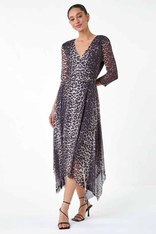 Women Black Animal Stretch Mesh Hanky Hem Wrap Dress Roman Dresses