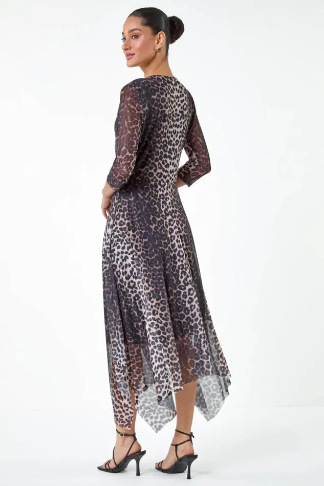 Women Black Animal Stretch Mesh Hanky Hem Wrap Dress Roman Dresses