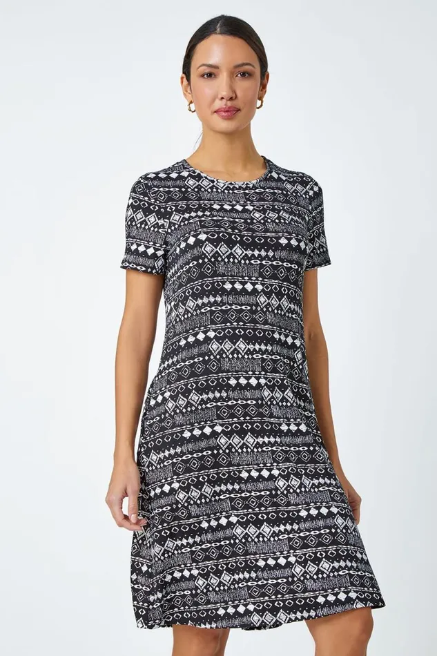 Women Black Aztec Print Stretch Dress Roman Dresses