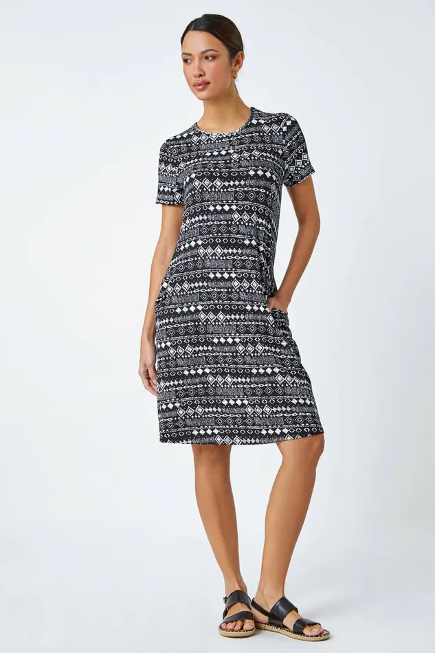 Women Black Aztec Print Stretch Dress Roman Dresses