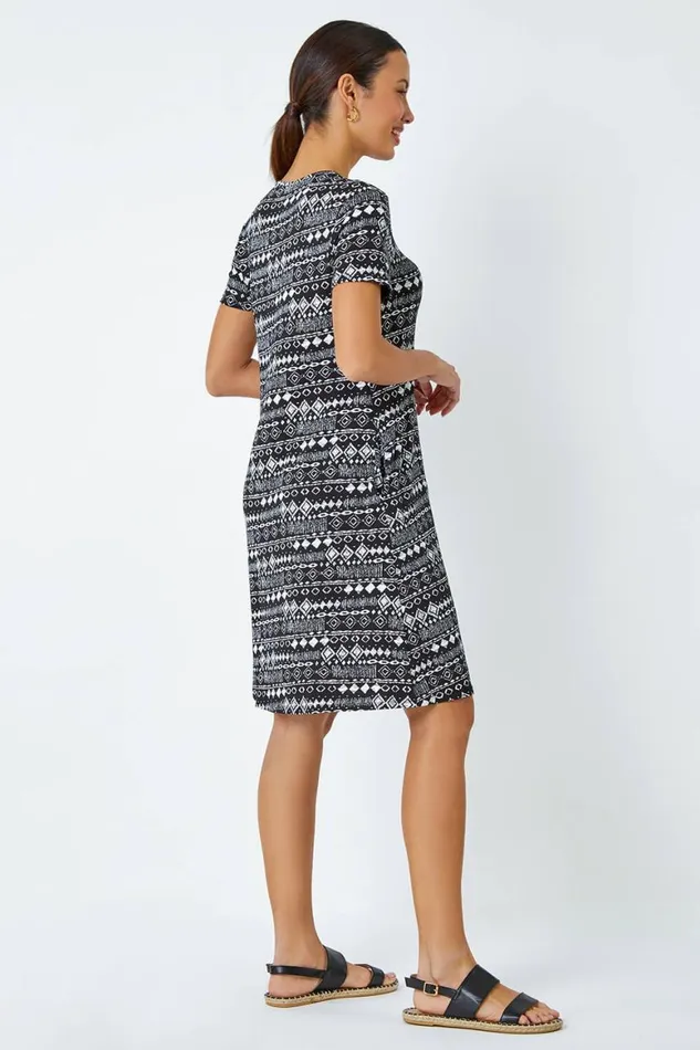 Women Black Aztec Print Stretch Dress Roman Dresses