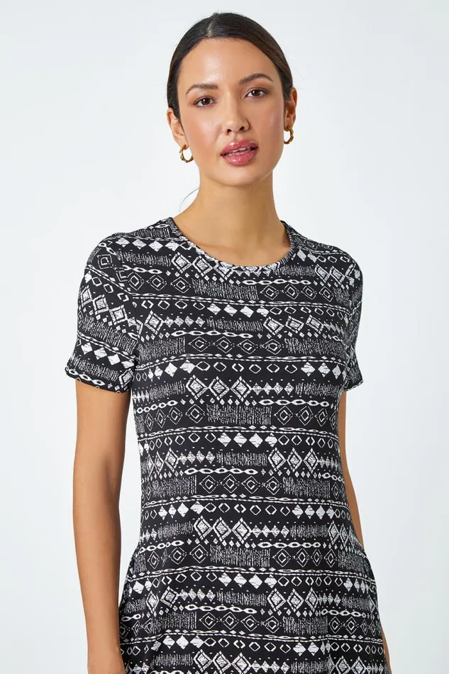 Women Black Aztec Print Stretch Dress Roman Dresses