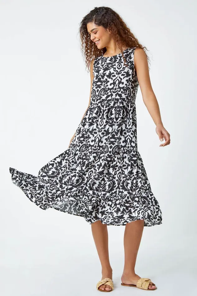 Women Black Baroque Tiered Smock Midi Dress Roman Dresses