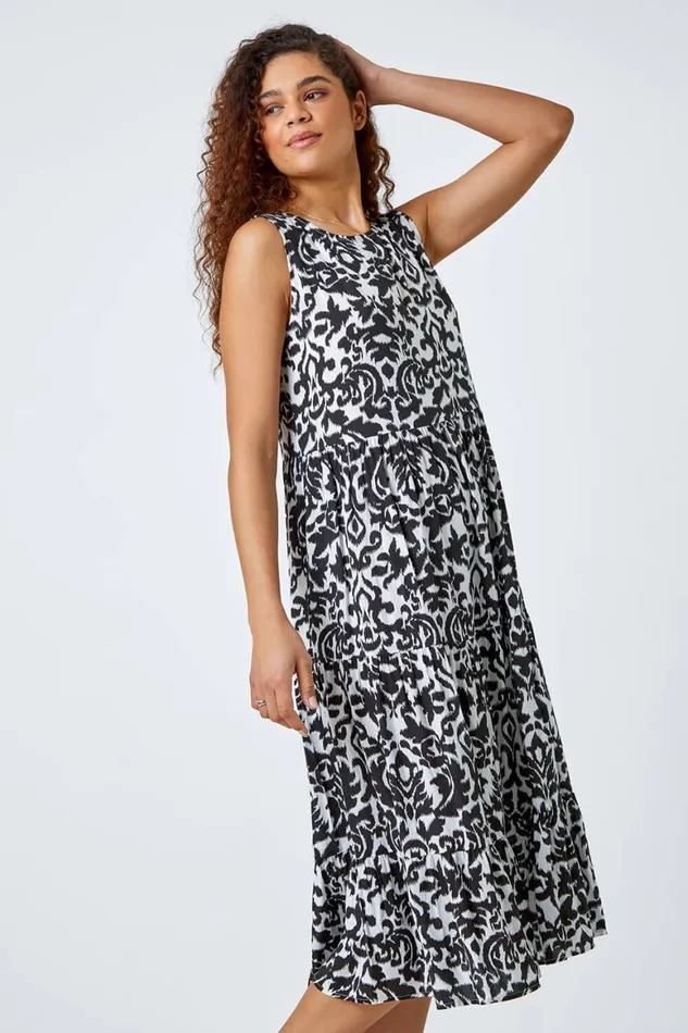 Women Black Baroque Tiered Smock Midi Dress Roman Dresses