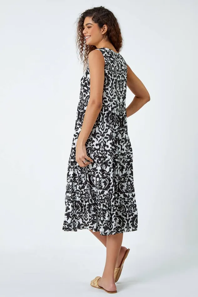 Women Black Baroque Tiered Smock Midi Dress Roman Dresses
