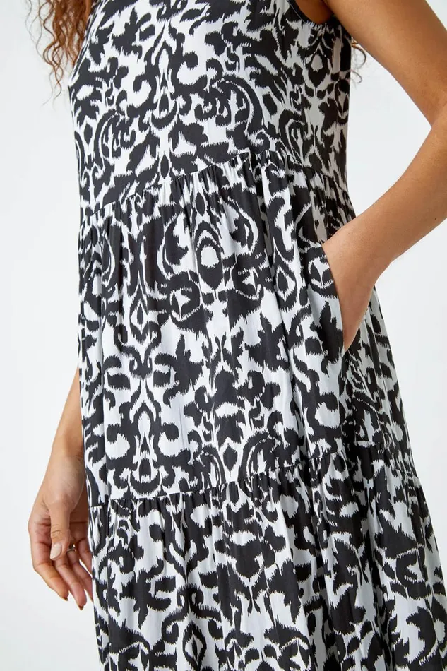 Women Black Baroque Tiered Smock Midi Dress Roman Dresses