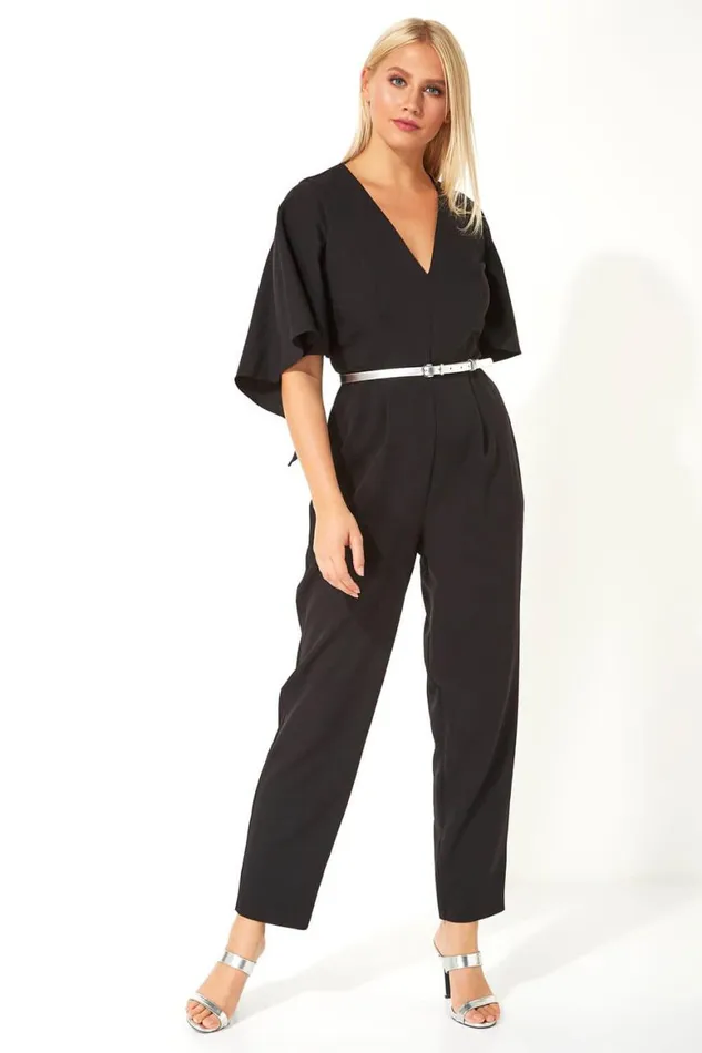 Women Black Belted Cape VNeck Jumpsuit Roman Dresses