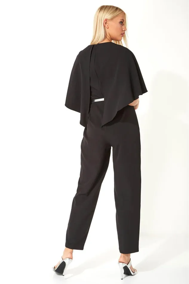 Women Black Belted Cape VNeck Jumpsuit Roman Dresses