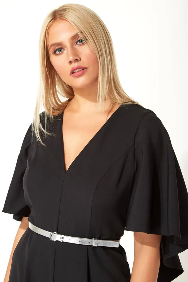 Women Black Belted Cape VNeck Jumpsuit Roman Dresses