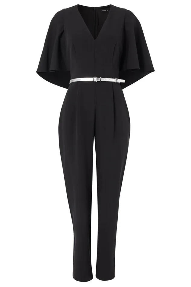 Women Black Belted Cape VNeck Jumpsuit Roman Dresses