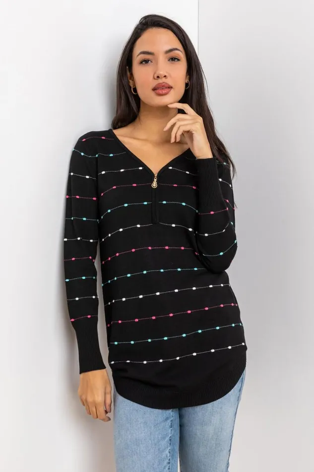 Women Black Bobble Knit Zip Detail VNeck Jumper Roman Knitwear
