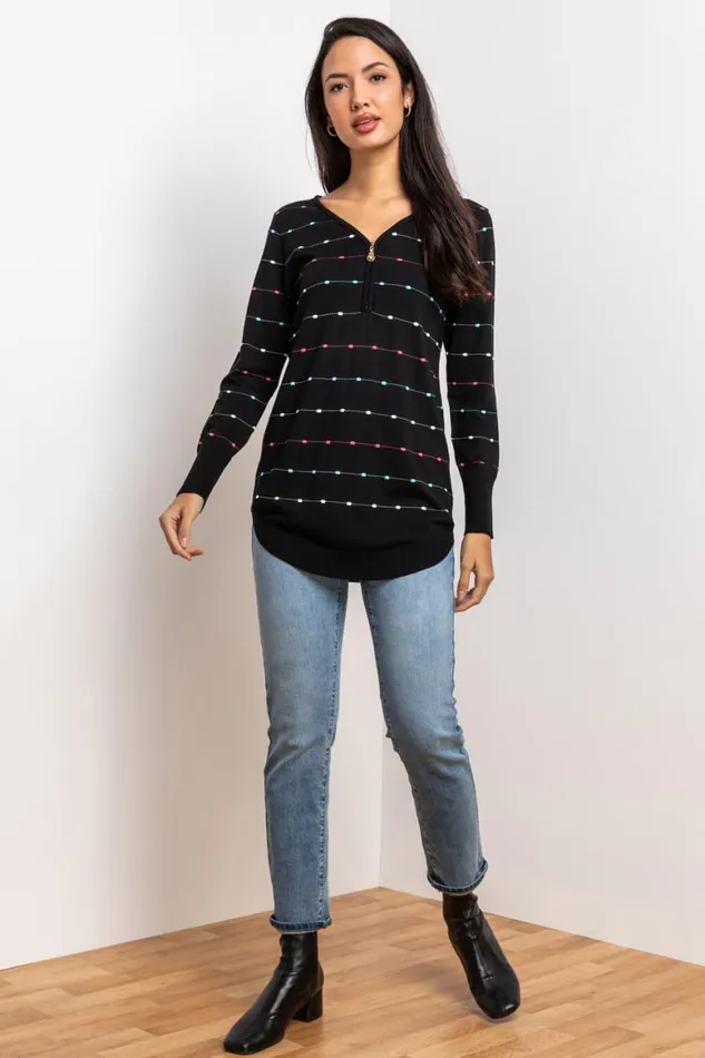 Women Black Bobble Knit Zip Detail VNeck Jumper Roman Knitwear