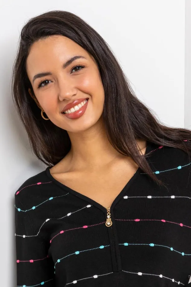 Women Black Bobble Knit Zip Detail VNeck Jumper Roman Knitwear