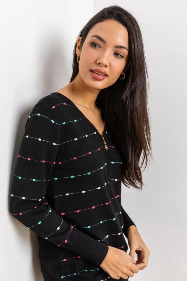 Women Black Bobble Knit Zip Detail VNeck Jumper Roman Knitwear